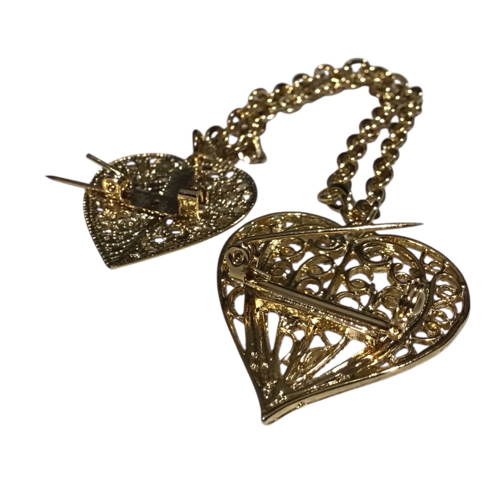 Double Heart Brooch Gold Tone Chain Filigree Blazers Lapel Costume Jewelry Vtg - Picture 6 of 11